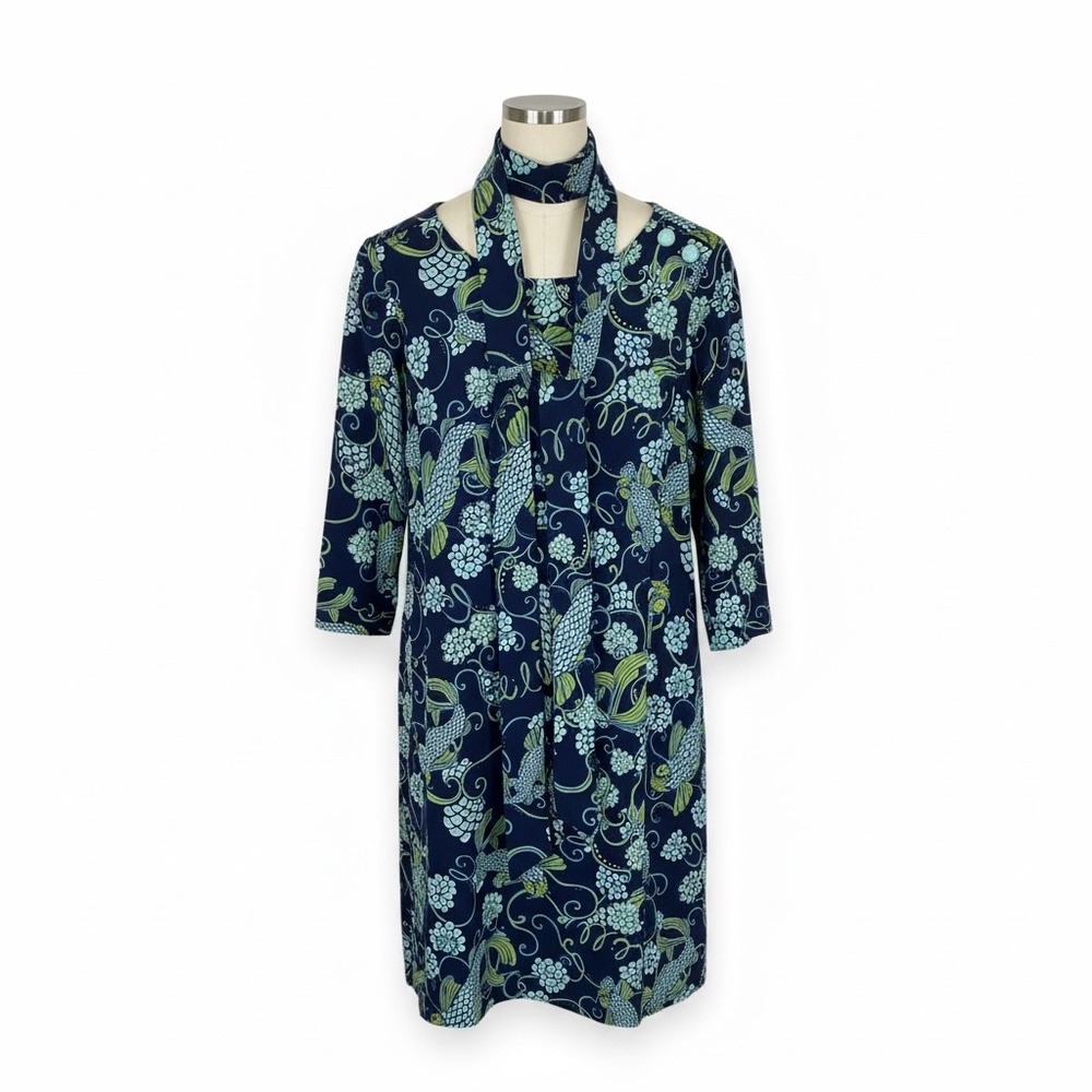 Lilly Pulitzer Dress Medium Navy‎ Blue Koi Fish Print 3/4 Sleeve Scarf Neck